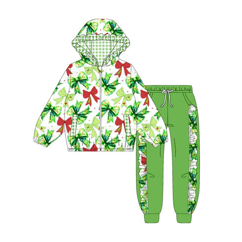 9.9 Custom Moq 5 Baby Girls Green Red Bows Pockets Zipper Hoodie Jackets Jogger Christmas Clothes Sets