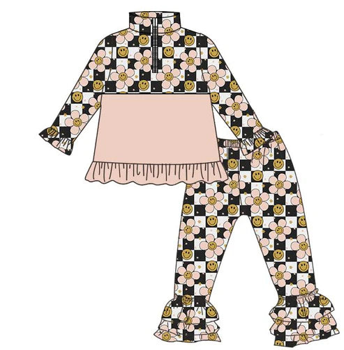 11.6 Baby Girls Black Checked Flowers Smiles Zipper Pullovers Ruffle Pants Clothes Sets Preorder
