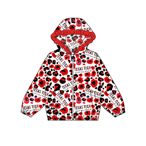 9.8 Custom Moq 5 Baby Girls Texas Tech Footballs Red Leopard Team Ruffle Hooded Tops