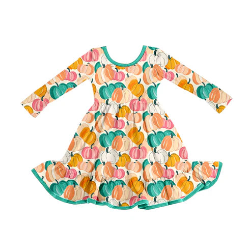 8.5 GLD1264 Baby Girls Colorful Pumpkins Plaid Fall Ruffle Knee Length Dresses Preorder