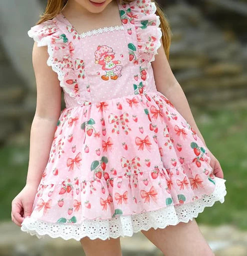 5.20 GSD2581 Baby Girls Pink Flutter Sleeves Strawberry Bows Knee Length Dresses Preorder
