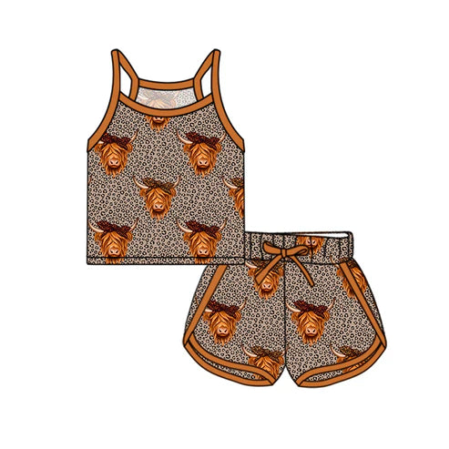 GSSO2341 Baby Girls Brown Strap Leopard Highland Cows Top Short Sport Set Preorder