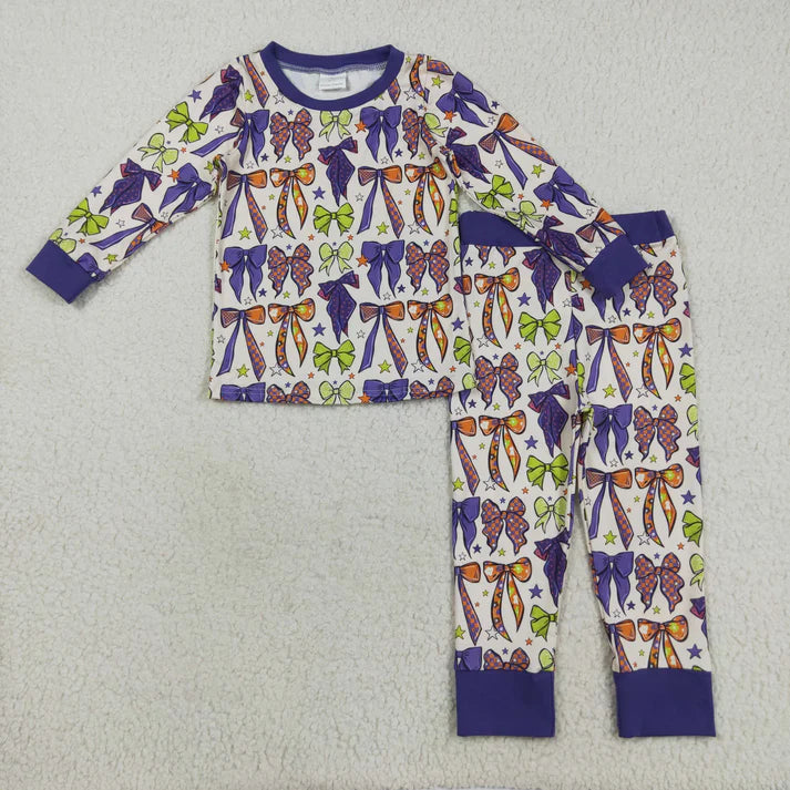 8.21 GLP2566 Baby Girls Long Sleeves Purple Bows Stars Plaid Top Pant Pajamas Set