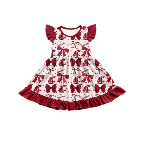 7.3 Custom Moq 3 Baby Girls Flutter Sleeves WSU Bows Team Knee Length Dresses