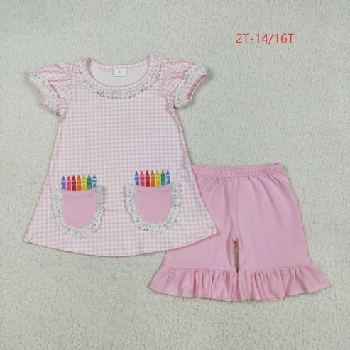 5.24 GSSO2388 Baby Girls Pink Plaid Pencils Pockets Tunic Ruffle Short Set