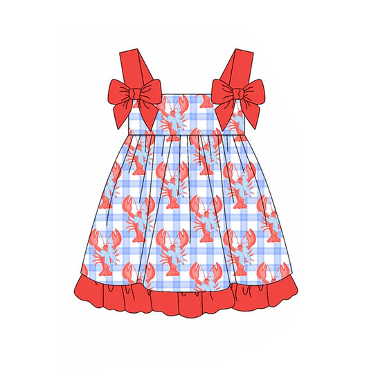 L-3.5 GSD1968 Baby Girls Blue Checkered Crawfish Bow Ruffle Knee Length Dresses Preorder