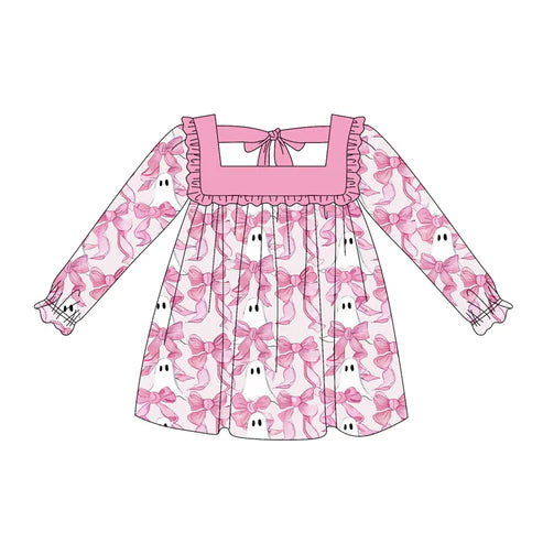 5.20  GLD1059 Baby Girls Long Ruffle Sleeves Pink Bows Ghosts Knee Length Dresses Preorder