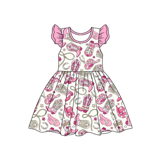 L-3.6 GSD2003 Baby Girls Western Cowgirls Club Flutter Sleeve Knee Length Dresses Preorder