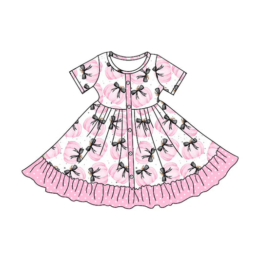 6.18  GSD2542 Baby Girls Short Sleeves Bows Pumpkins Button Knee Length Dress Preorder