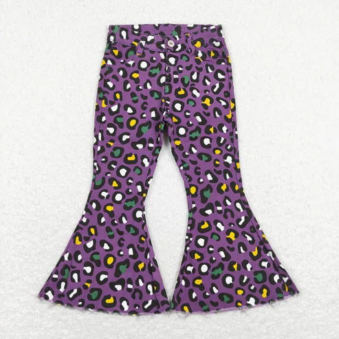 L-3.7 P0313 yellow-green leopard print purple denim trousers