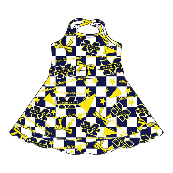 7.7 Custom Moq 3 Baby Girls Strap Michigan Wolverines Bows Plaid Short Ruffle Team Knee Length Dresses