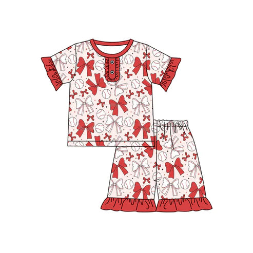 GSSO2309 Baby Girls Red Bows Baseball Shirt Ruffle Shorts Pajamas Clothes Sets preorder