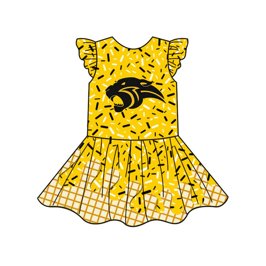 7.9 Custom Moq 3 Baby Girls Golden Team Flutter Sleeve Knee Length Dresses