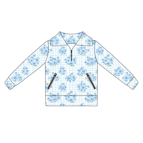 6.5 GT1064 Baby Girls Long Sleeves Blue Flowers Plaid Pockets Zipper Yoga Jackets Preorder