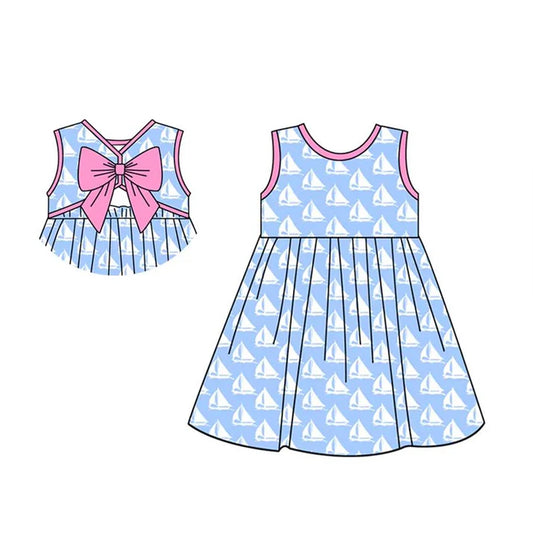 3.23 GSD2232 Baby Girls Blue Sleeveless Boats Backless Bow Knee Length Dresses Preorder