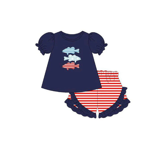 12.4 MOQ:5pcs GSSO2968 pre-order baby girl clothes fishing print toddler girl summer outfit