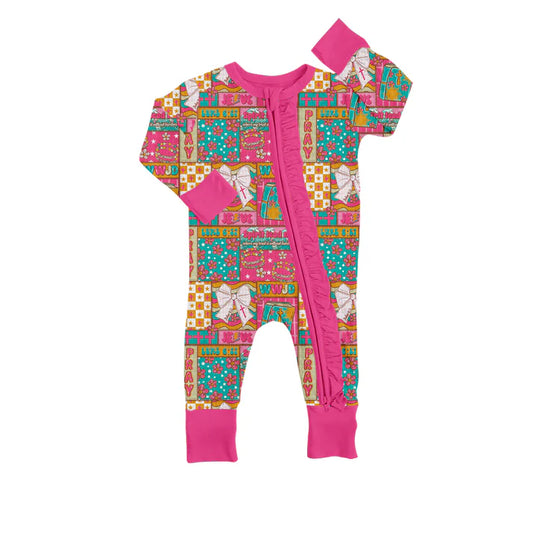 9.26 LR2698 Baby Girls Pink Bows Flowers Checked Ruffle Zipper Footie Rompers Preorder