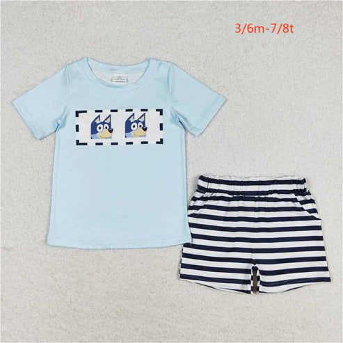 BSSO0682 Boy cartoon dog blue short-sleeved striped shorts suit