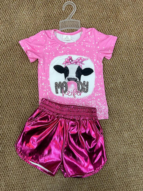 4.2 GT0128+SS0414 Baby Girls Moody Tops Pink Metallic Shorts Outfit