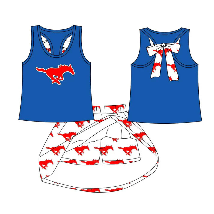 8.19 Custom Moq 5 Baby Girls Blue Red Horse bow vest team Top Skirt Skort Sets