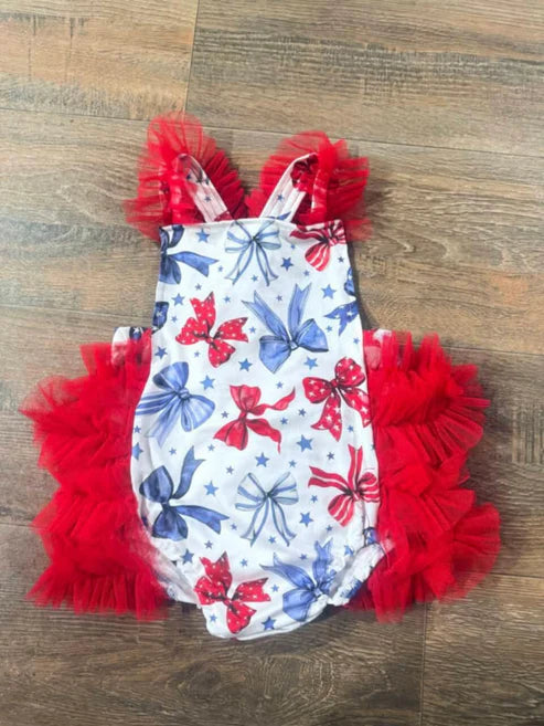 3.28 SR2965 Baby Infant Girls Red Tulle Strap Bows Stars 4th Of July Ruffle Rompers Preorder