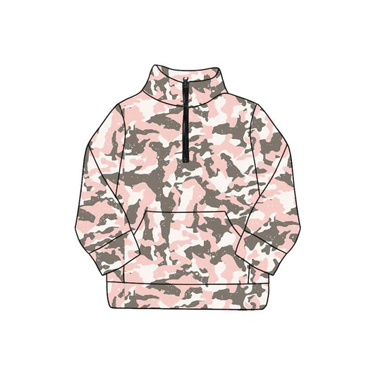 8.28 GT1175 Adult Women Pink Gray Camo Pocket Zipper Yoga Pullover Tops