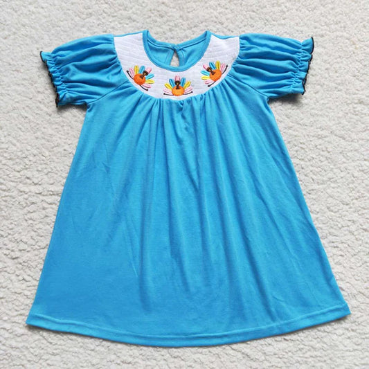 4.7  GSD0436 smocked embroidered turkey blue short sleeve dress