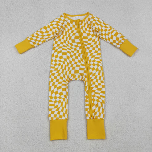 10.8 LR1089 Baby Infant Boys Yellow Checkered Zip Footie Long Sleeve Romper
