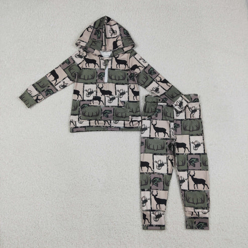12.19 BLP1368 Baby Boys Deer Fishes Checked Zip Pockets Hoodies Pants Hunting Clothes Set