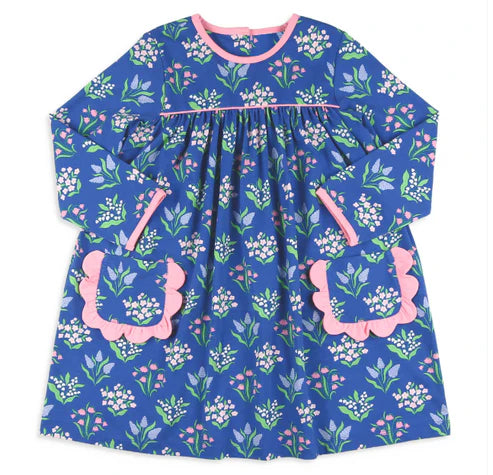 8.6 GLD1257 Baby Girls Blue Flowers Plaid Pockets Knee Length Dresses Preorder