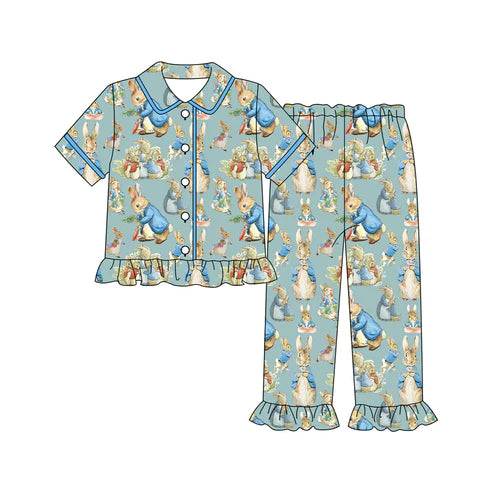 10.2 GSPO2097 Baby Girls Carrots Rabbits Button Top Ruffle Pants Easter Pajamas Sets Preorder