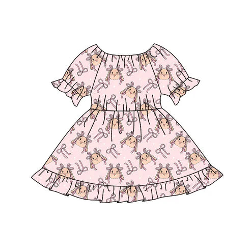 9.30 GSD2836 Baby Girls Pink Bows Rabbits Easter Ruffle Knee Length Dresses Preorder