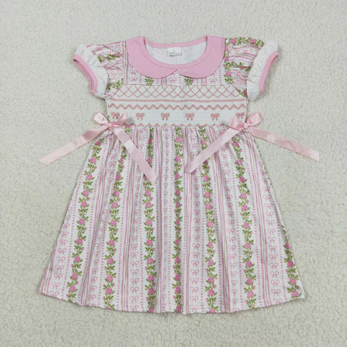 8.18 GSD2717 Embroidery Baby Girls Pink Short Ruffle Sleeves Flowers Bows Stripe Knee Length Dress