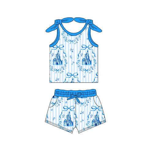 3.21 GSSO2377 Baby Girls Blue Strap Bows Castle Top Pockets Short Clothes Set Preorder