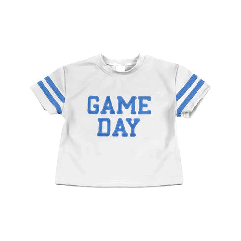6.25 Custom Moq 3 Baby Girls Blue Game Day Team Cheer Short Sleeve Sports Shirts Tops