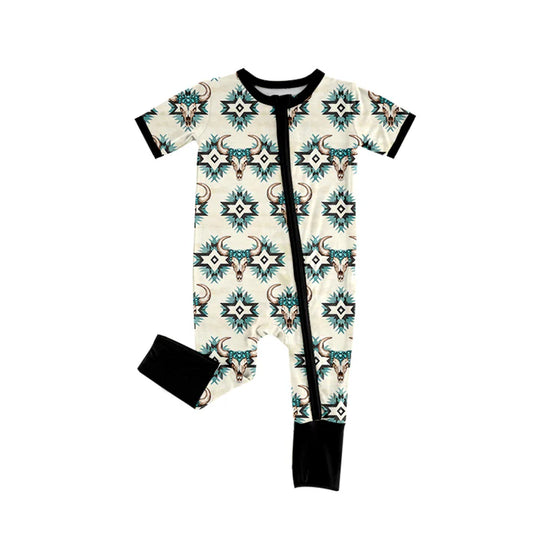 6.14 SR3115 Baby Boys Short Sleeves Aztec Bull Skull Zipper Rompers Preorder
