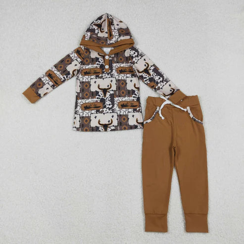 10.10 BLP1238 Baby Boys Brown Aztec Bull Skull Button Hoodies Pockets Legging Western Set