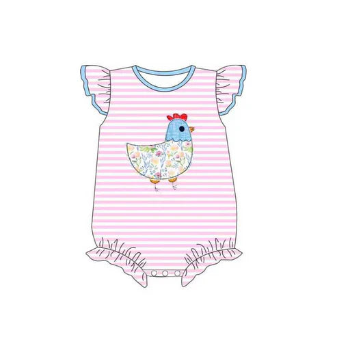 10.30 SR3422 Baby Girls Pink Stripe Floral Chick Farm Ruffle Rompers Preorder