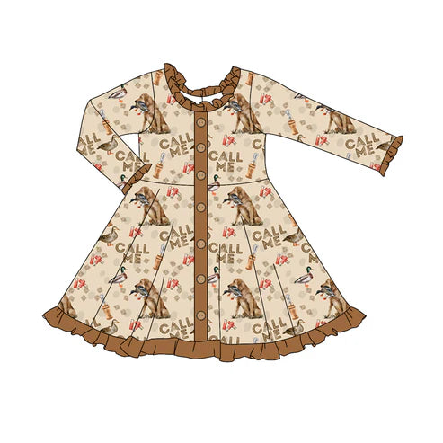 5.30 GLD0921 Baby Girls Ducks Call Me Dog Hunting Buttons Knee Length Dresses Preorder