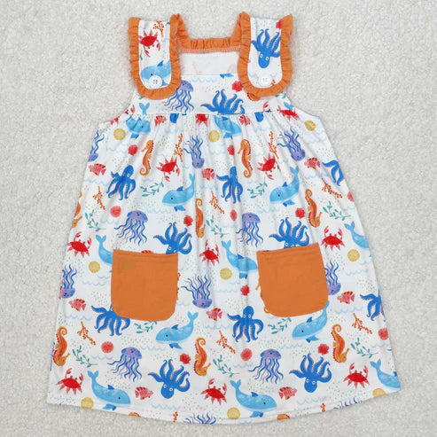 3.15 GSD1961 Baby Girls Sea Animals Pockets Knee Length Dress