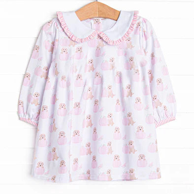 7.1 no moq GLD1157 PRE-ORDER baby girl clothes puppy pink long sleeve dress