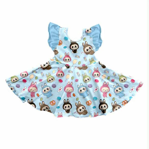 6.21  Custom Moq 3 Baby Girls Blue Rabbit Flutter Sleeve Twirl Knee Length Dresses