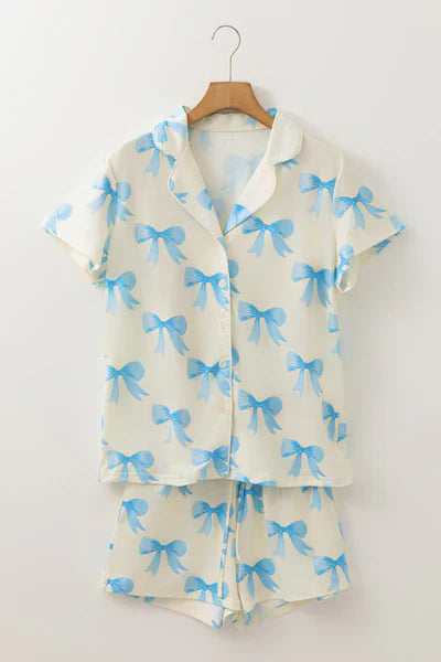 4.10  GSSO2498 Baby Girls Blue Bows Button Top Shorts Pajamas Sets Preorder