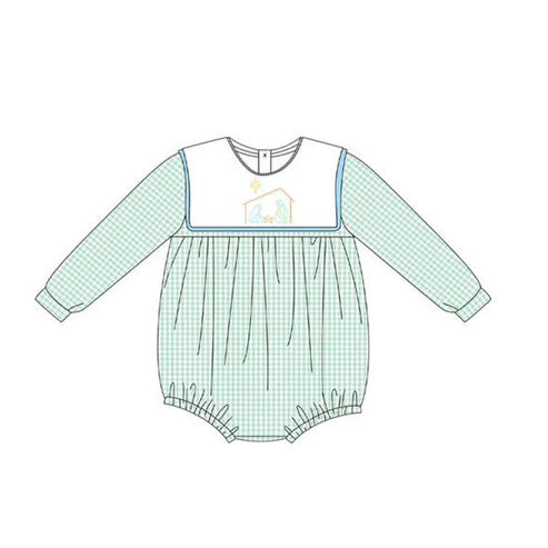 6.7 LR2265 Baby Boys Aqua Plaid Long Sleeves Jesus Bummies Rompers Preorder