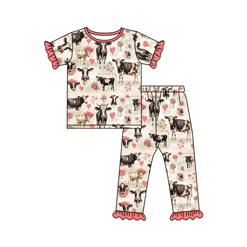 GSPO1858 Baby Girls Pink Cow Flowers Shirt Pants Pajamas Clothes Sets Preorder