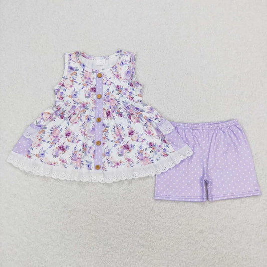 6.16 GSSO0402 Blue purple flowers lace lace pocket sleeveless polka dot shorts set