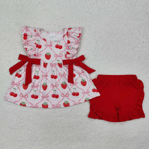 GSSO1640 Baby Girls Strawberry Bows Tunic Ruffle Shorts Clothes Set