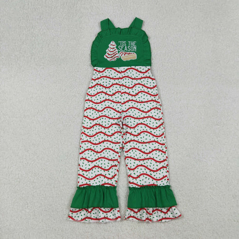 9.17 SR3178 Embroidery Baby Girls Green Strap Red Stripe Trees Ruffle Pant Jumpsuit