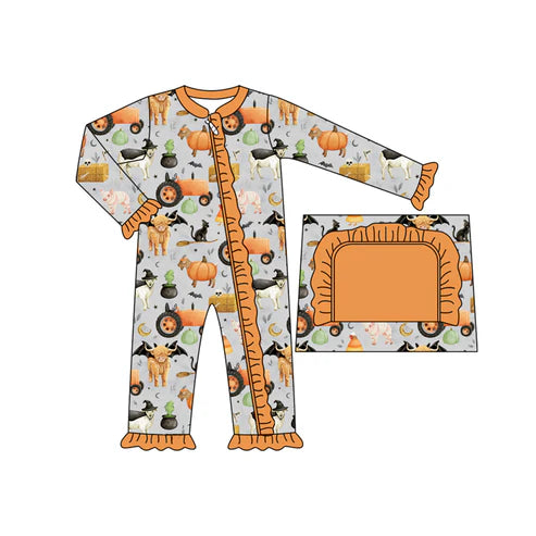 7.29 LR2443 Baby Girls Long Sleeves Bats Farm Pumpkins Ruffle Zipper Rompers Preorder
