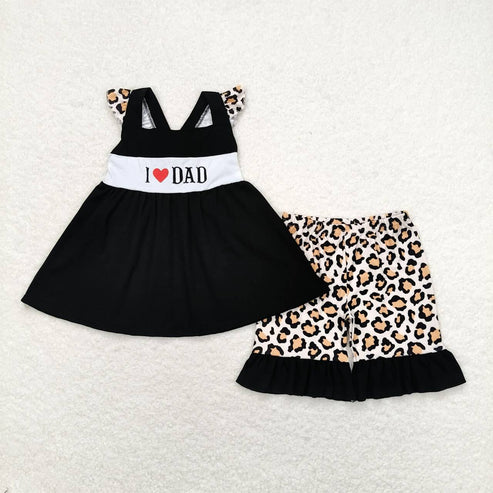6.17 GSSO0702 Embroidery I love dad letter black leopard print flying sleeve shorts set